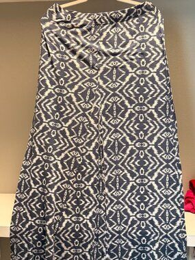 Navy Blue Ikat Geometric Print Maxi Skirt — Boho Tribal, Flowy